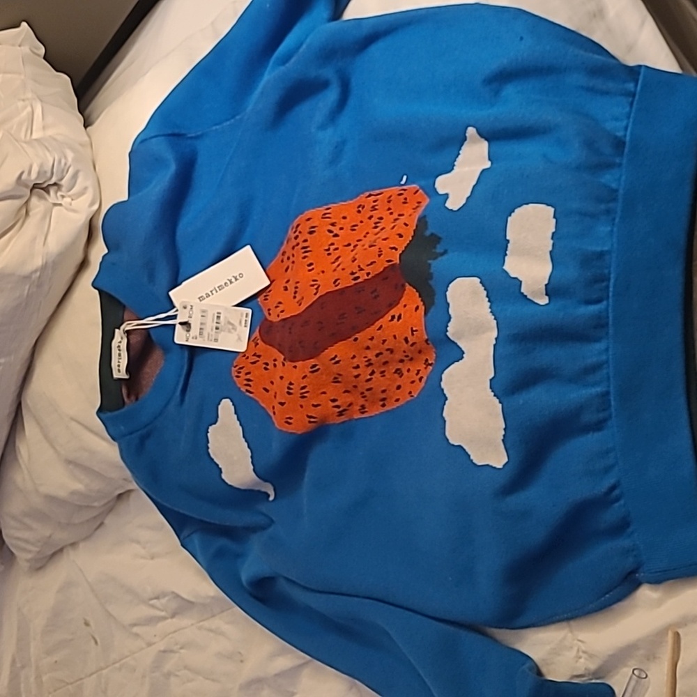 Marimekko Blue Sweater with Red and White Accents